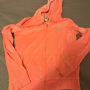 Victoria Secret Pink Velour Hoodie size large in neon orange/peach